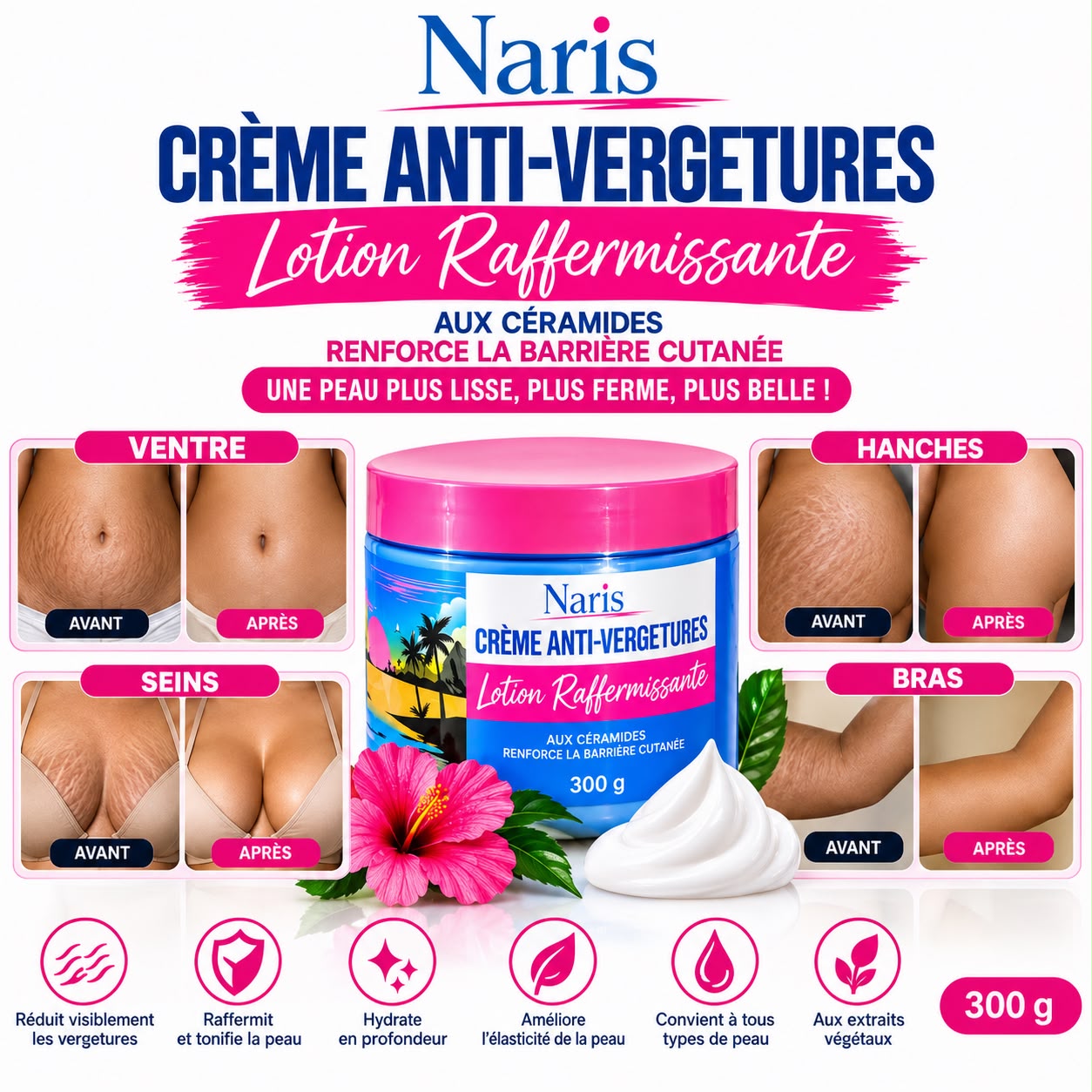 Naris Crème Anti-Vergetures, zones d'application : ventre, hanches, seins, bras