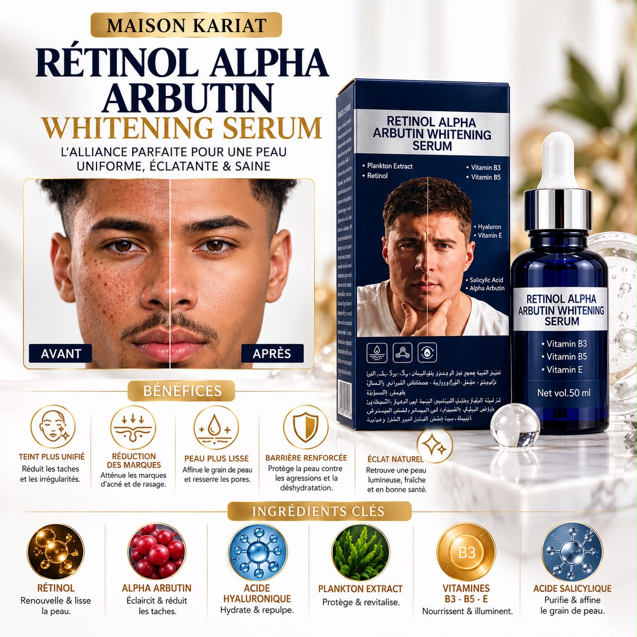 Rétinol Alpha Arbutin Whitening Serum, actifs et ingrédients clés